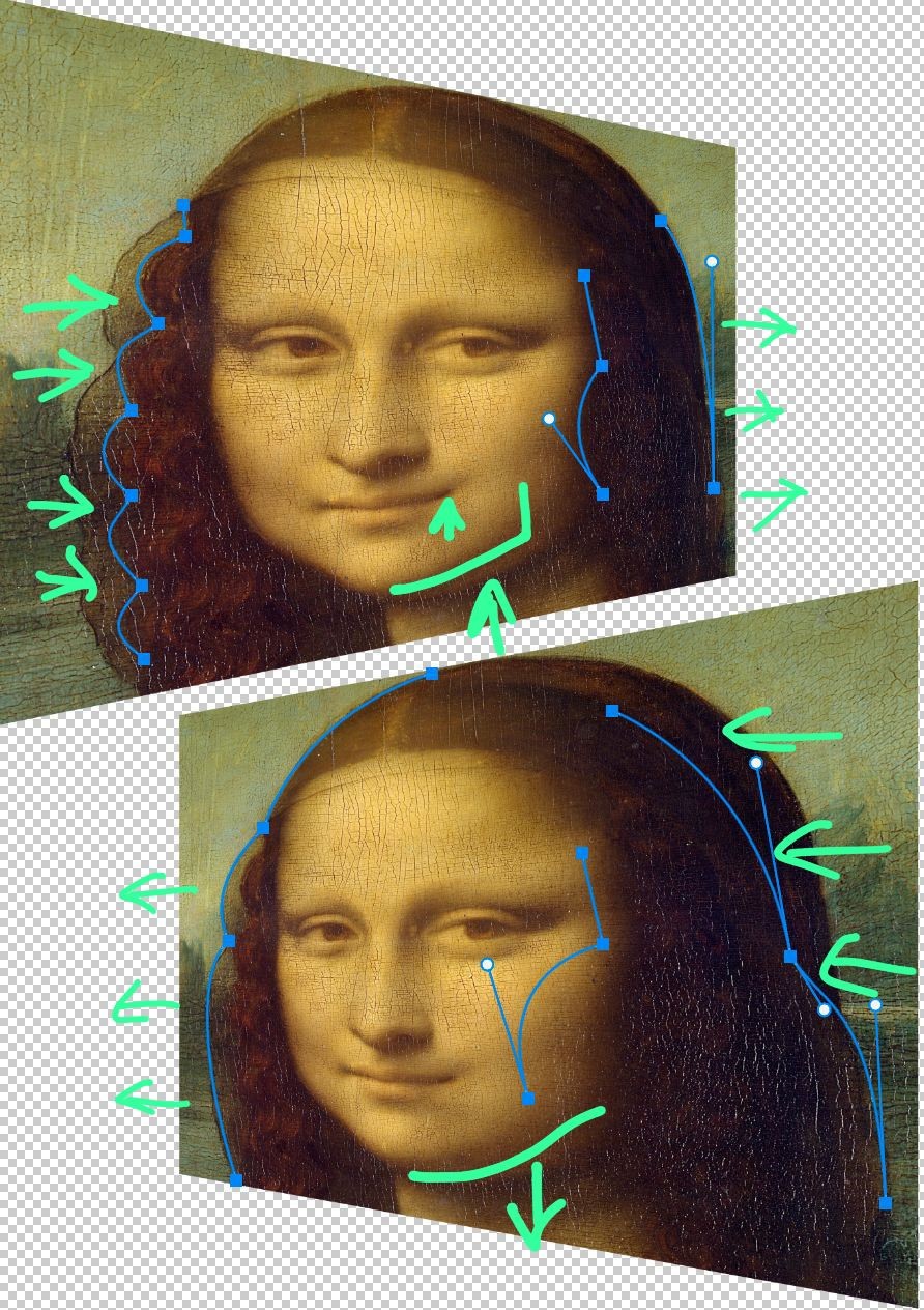 Mona Lisa warped from the left and from the right. Veil becomes hair, hairband becomes hairline, jaw becomes glance.