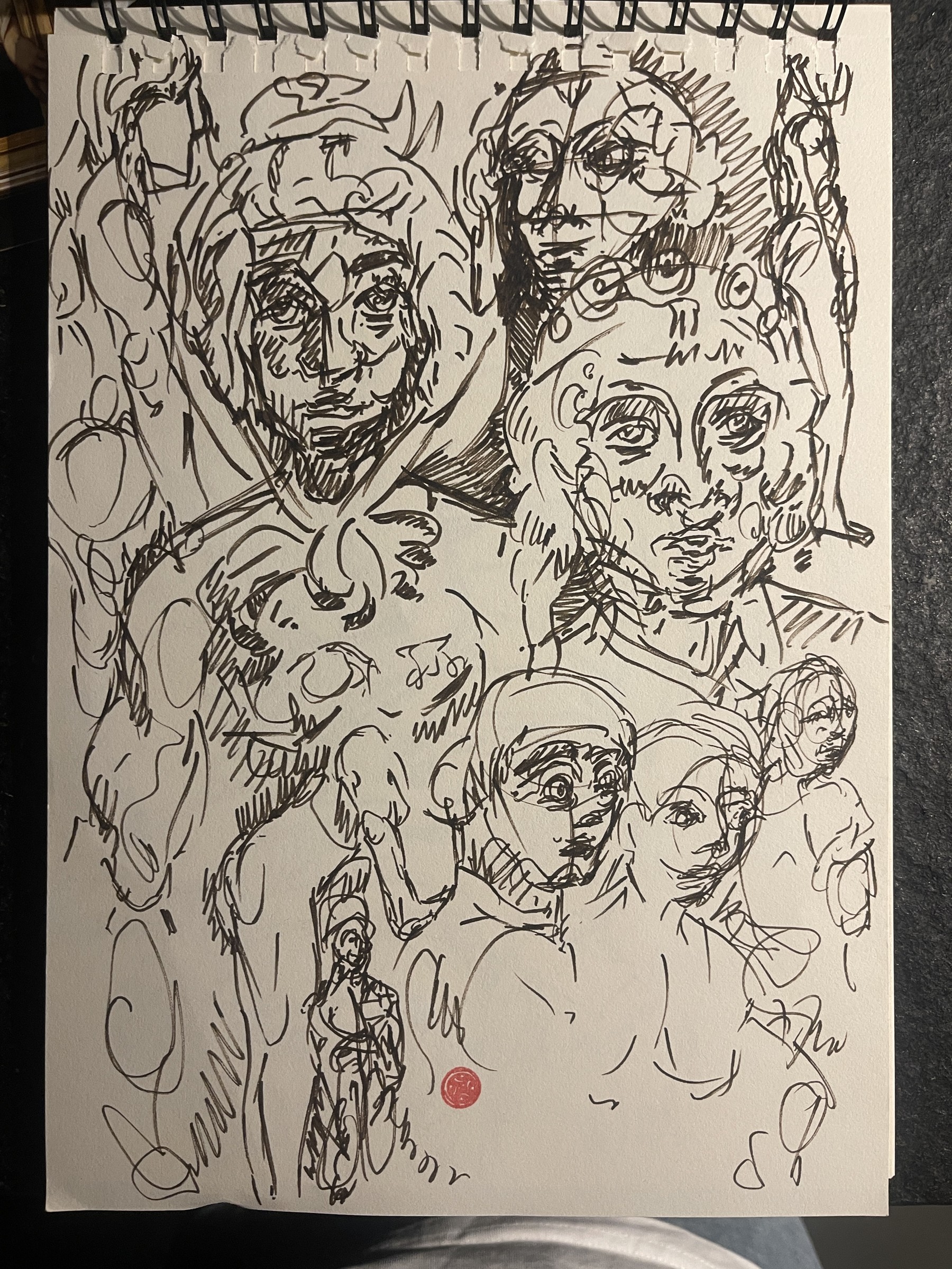 Sketchbook, brush pen, crowd of heads, 2025