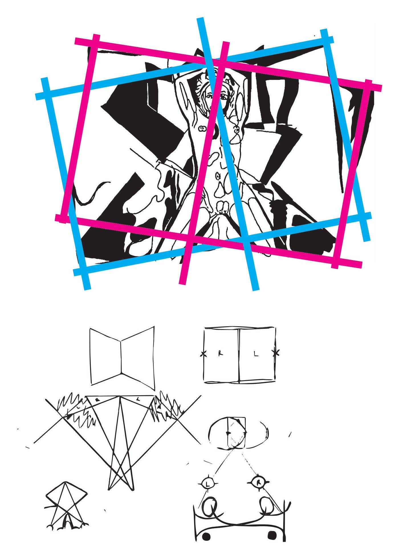 The two sheets overlaid as a stereo pair, and the construction of the setup.